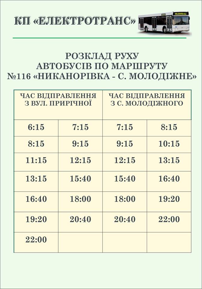 КП ЕЛЕКТРОТРАНС РОЗКЛАД РУХУ АВТОБУСІВ ПО МАРШРУТУ №116 НИКАНОРІВКА - С. МОЛОДІЖНЕ