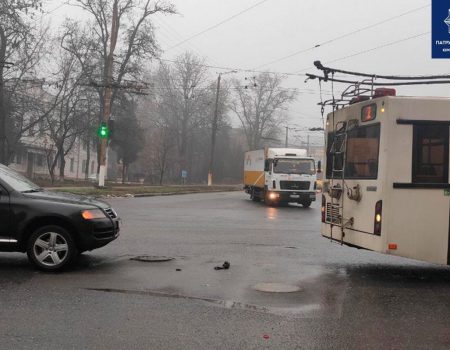 У Кропивницькому контактна частина “струмоприймача” тролейбуса впала на “Volkswagen”. ФОТО