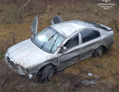 На Кіровоградщині з вини водія Kia Rio, автівка, що їхала назустріч, опинилася в кюветі. ФОТО