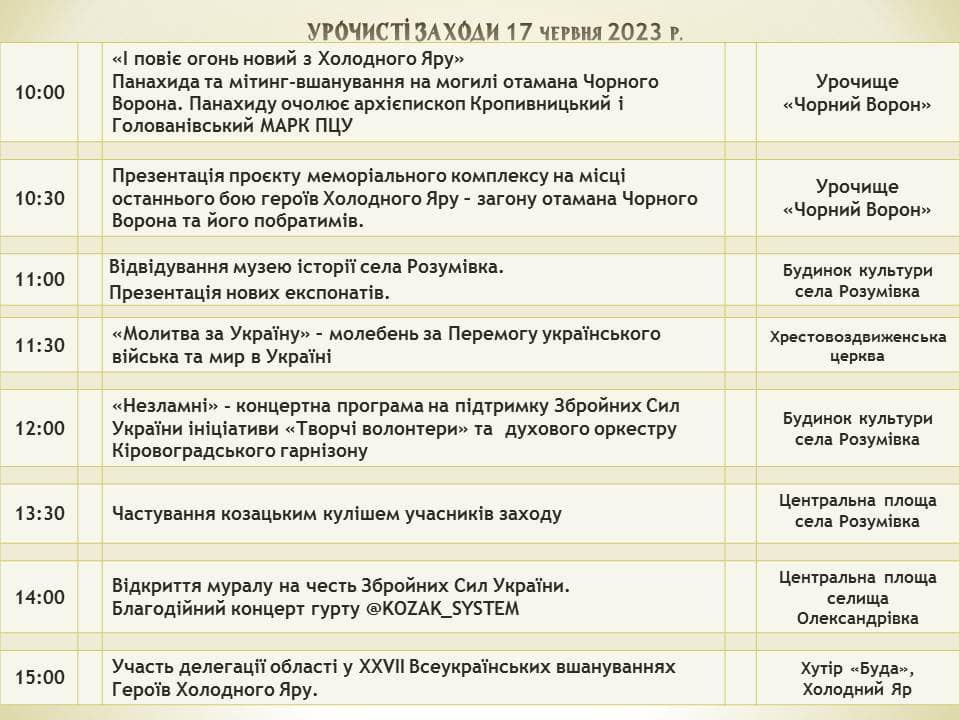 Завтра на Кіровоградщині відбудеться вшанування героїв Холодного Яру. ПРОГРАМА
